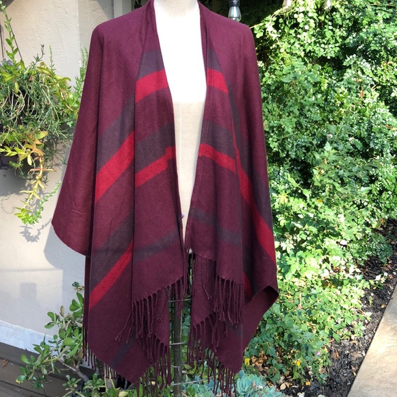 G brand Jackets & Blazers - G brand plaid wine/red/grey fringed cape